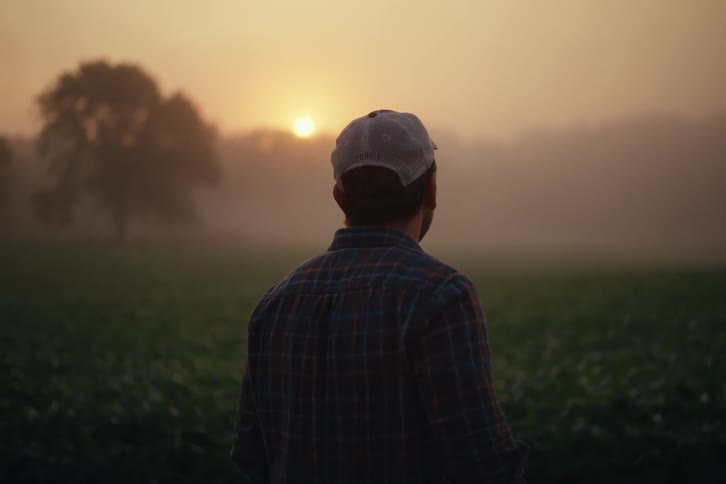 A man in a plaid shirt and baseball cap stands in a foggy field at sunrise, looking out at the landscape