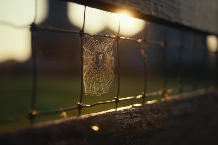 A delicate spiderweb on a wire fence is backlit by the golden light of a sunrise in the countryside