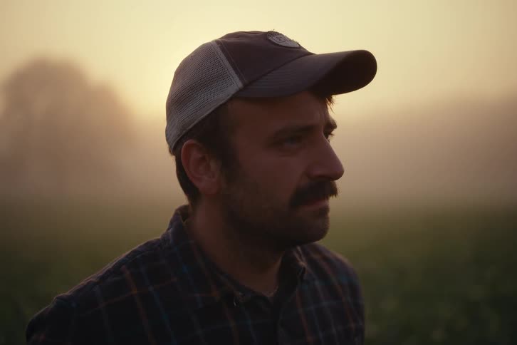A thoughtful farmer wearing a hat looks out over his field on a foggy morning at sunrise