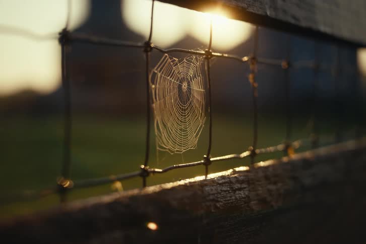 A delicate spiderweb on a wire fence is illuminated by the warm golden light of the setting sun