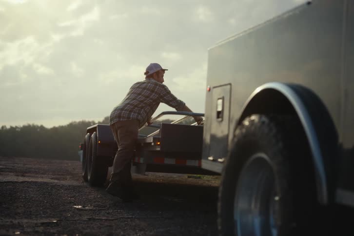 A man in a plaid shirt loads a metal railing onto a flatbed trailer at a rural job site at sunrise in slow motion