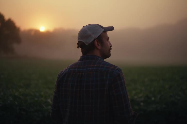From behind, a farmer in a cap and plaid shirt watches the sun rise over a foggy, rural field
