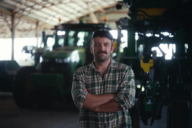 A confident farmer with a mustache stands proudly with his arms crossed in a barn in front of his agricultural machinery