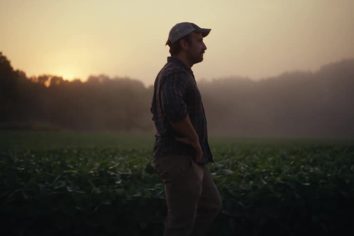 A farmer walks thoughtfully through his crop field during a hazy and beautiful sunrise