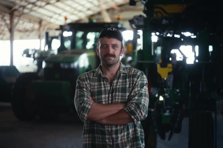 A confident farmer with a mustache stands with his arms crossed in a large barn, opening his eyes to look directly at the camera with his tractors behind him