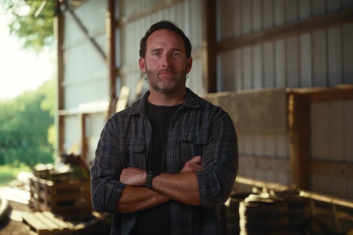 A confident, middle-aged man in a plaid shirt stands with his arms crossed inside a rustic barn, turning to look directly at the camera