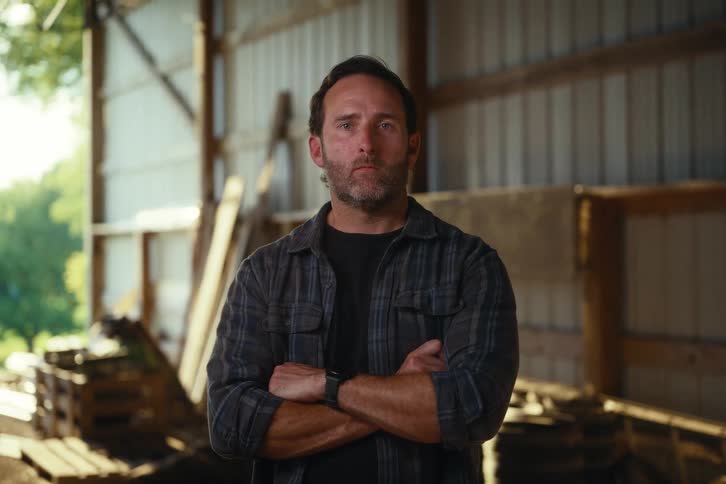 A rugged, middle-aged tradesman with a beard stands with his arms crossed and looks seriously at the camera inside a rustic workshop