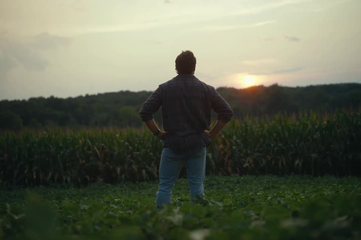 From behind, a farmer stands with his hands on his hips, surveying his fields at sunset