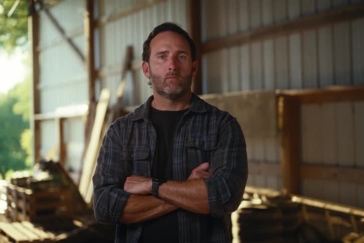 A serious man with a beard and flannel shirt crosses his arms and looks at the camera while standing inside a rustic barn