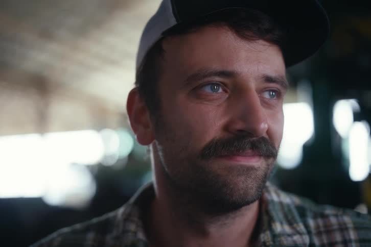 Close-up portrait of a thoughtful farmer in a trucker hat who turns to give a warm, confident smile to the camera
