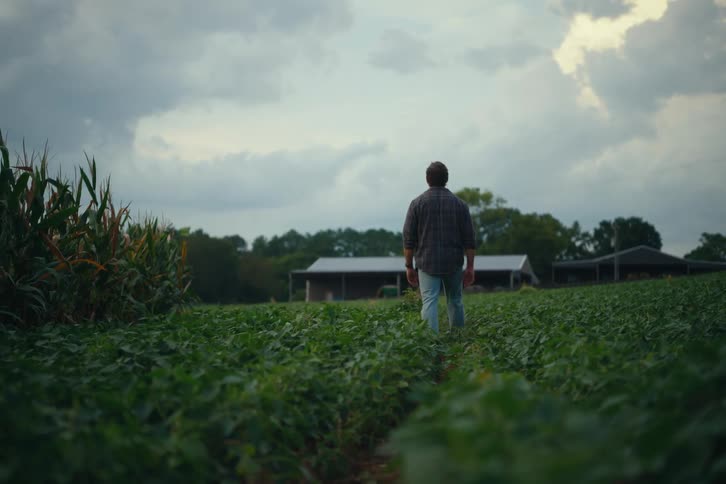 A farmer walks away from the camera through a lush green crop field on his farm, stopping to look up at the cloudy sky