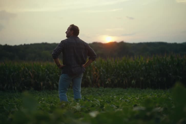 A thoughtful farmer stands in his field with hands on his hips, looking out at his crops during a beautiful sunset