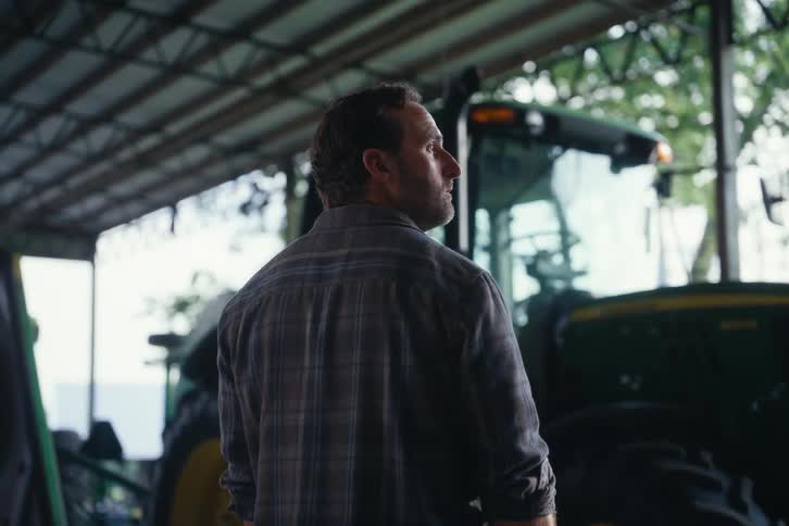 A thoughtful farmer stands in a barn, looking at his green tractor before starting his day
