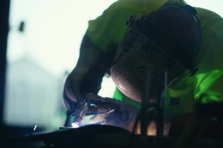 Close-up slow-motion shot of a welder at work, with sparks flying from the intense heat of the torch