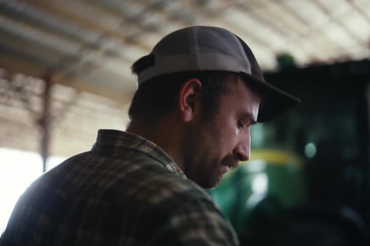 A pensive farmer with a mustache wearing a plaid shirt and baseball cap stands thoughtfully inside a barn