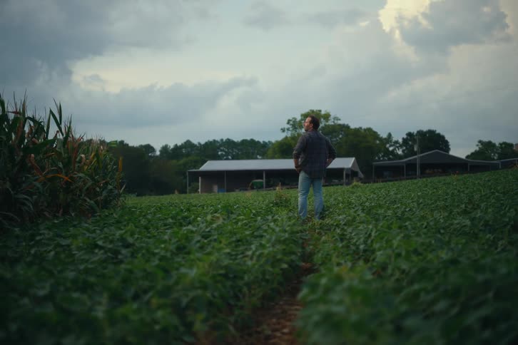 A farmer stands in the middle of a lush green field, looking out over his crops and farm buildings under a cloudy sky