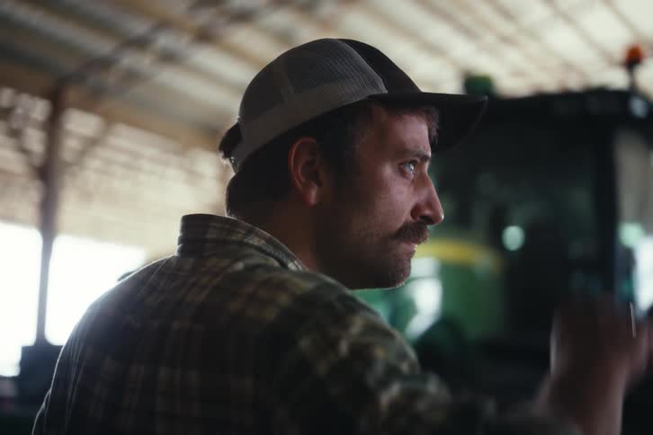 A thoughtful farmer with a mustache adjusts his hat in a barn before walking toward his tractor
