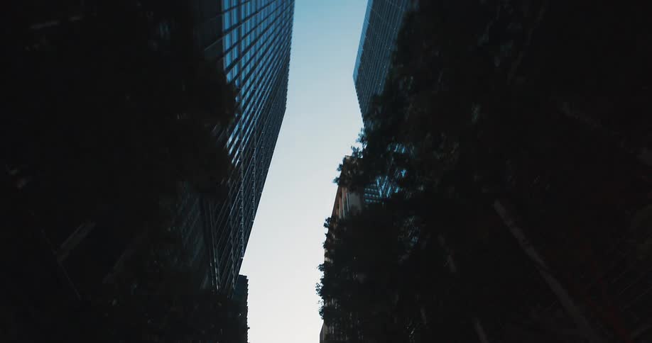 A slow, low-angle tracking shot of towering glass skyscrapers against a clear evening sky