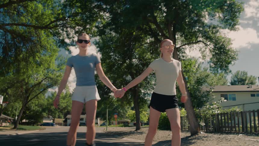 Two happy teenage girls hold hands while rollerblading down a sunny suburban street in slow motion