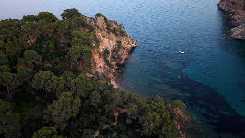 A static high-angle aerial shot of a secluded cove where a forest-covered cliff meets the calm, turquoise sea