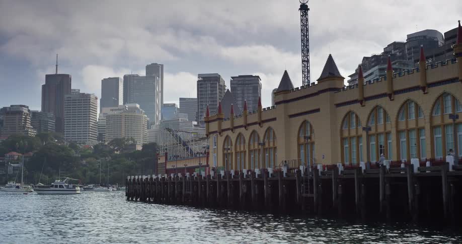 A slow tracking shot along the iconic Luna Park pier reveals the modern Sydney skyline on a cloudy day