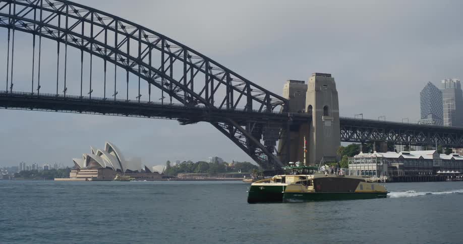 Iconic view of the Sydney Harbour Bridge and Opera House as a commuter ferry travels across the water