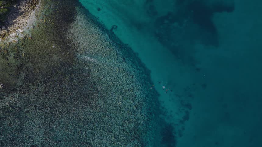 An aerial top-down view shows snorkelers exploring the crystal-clear turquoise waters along a rocky coastline