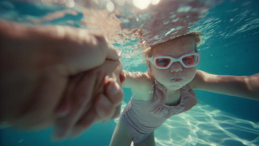 A point-of-view shot of a parent holding their toddler daughter's hand as she swims underwater in a sunlit pool while wearing goggles