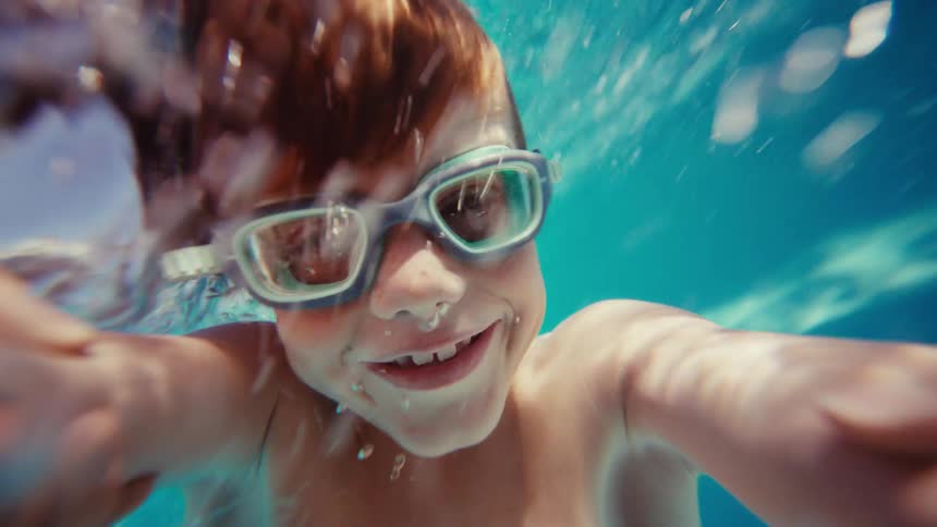 Underwater point of view of a happy boy with goggles being pulled through a sunlit swimming pool