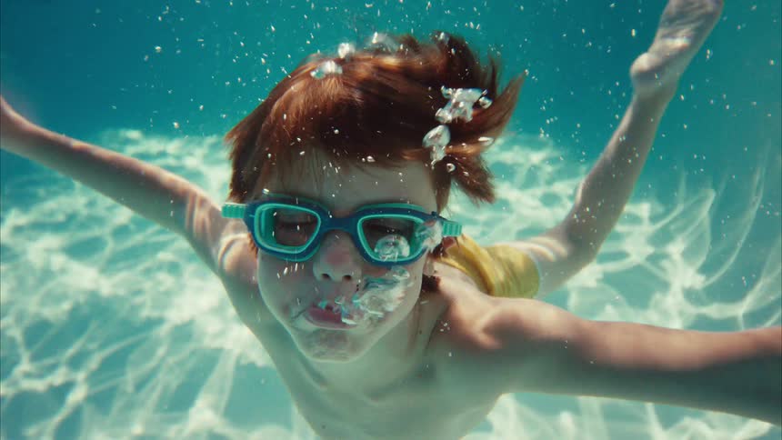 A young red-haired boy wearing goggles swims towards the camera underwater in a swimming pool in slow motion