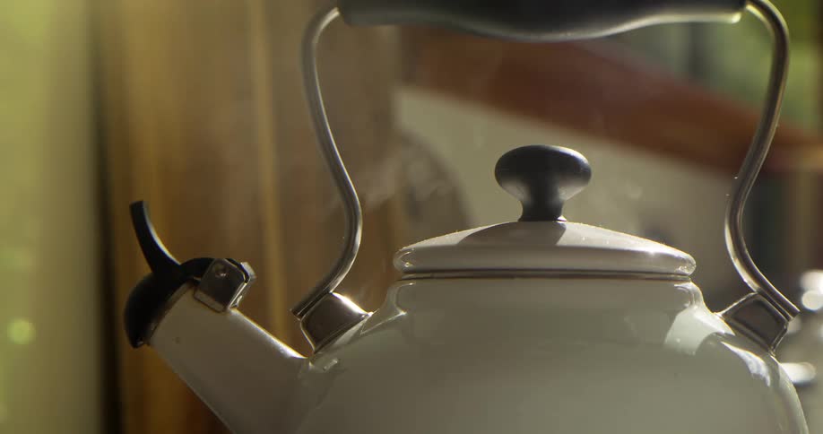 Sunlight illuminates the steam rising from a classic white tea kettle as it boils in the kitchen