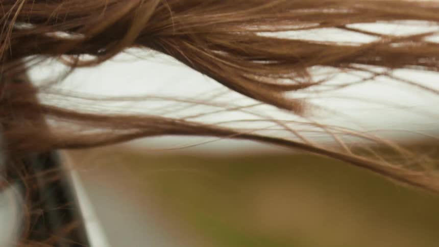 A woman's brown hair blows in the wind in slow motion as she rides in a car down a scenic country road on an overcast day