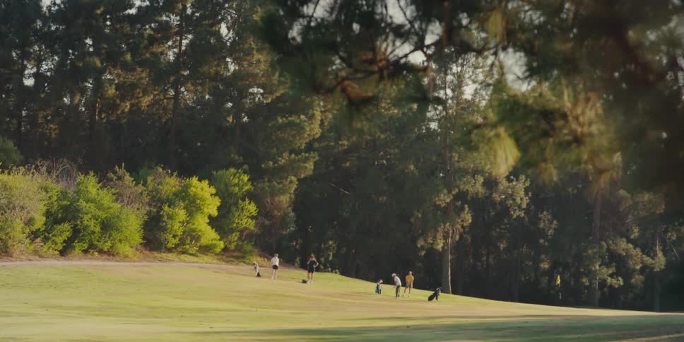 A camera tilts down from pine tree branches to reveal a family enjoying a leisurely game of golf on a sunny afternoon
