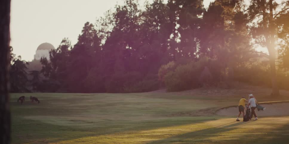 A golfer takes a swing on a beautiful, sunlit course as deer graze nearby and Griffith Observatory is seen in the distance