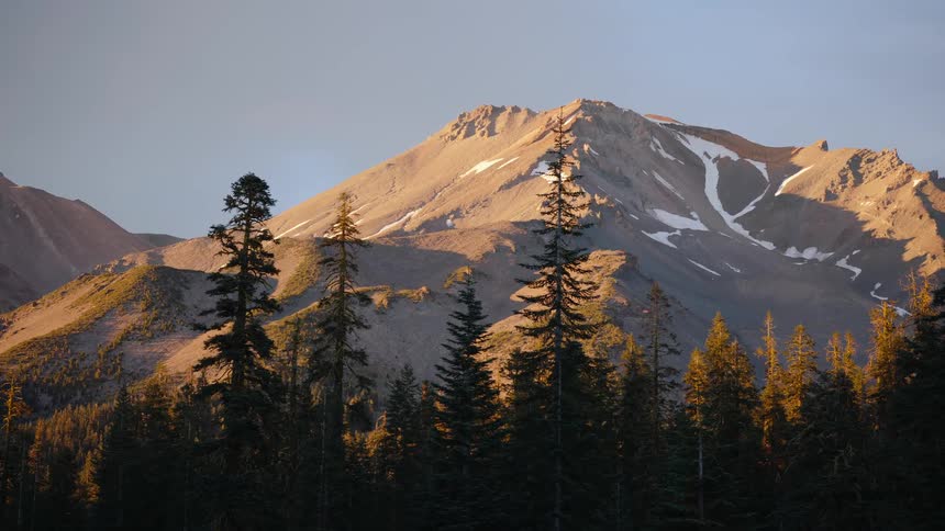 The sun's golden light illuminates a majestic snow-capped mountain peak towering over a dense evergreen forest