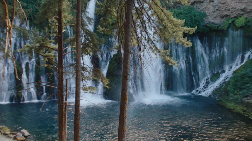 Majestic Burney Falls cascades into a pristine blue pool, seen through the tranquil pine forest