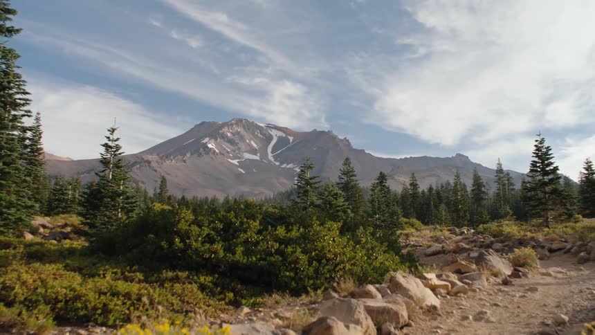 A stunning view of snow-capped Mount Shasta from a forest trail, with a dramatic zoom-in effect towards the peak