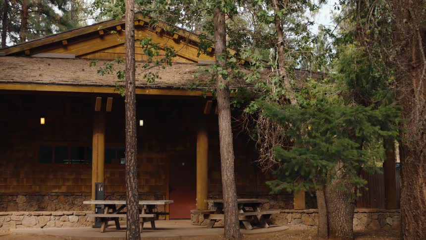 A rustic wooden building with picnic tables sits peacefully in a quiet forest campground