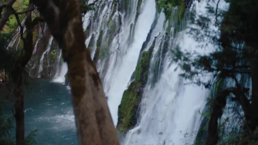 A majestic waterfall cascades down a mossy cliffside into a turquoise pool, viewed from behind the trees of a lush forest