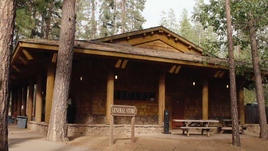 A rustic wooden general store nestled among tall pine trees at a campground in a national park