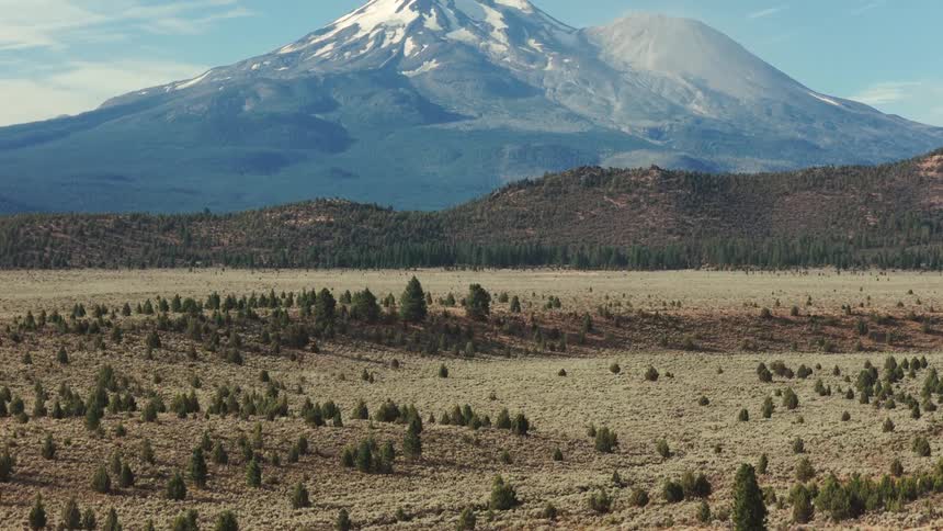 A vast, arid valley with scattered pine trees gives way to the snow-capped peak of Mount Shasta under a clear blue sky