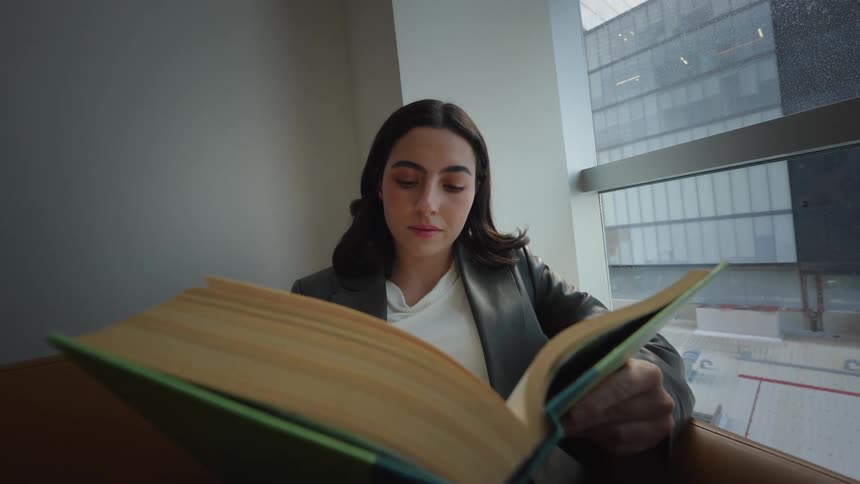 A studious young woman in a modern office lounge sits in a comfortable armchair by the window, engrossed in reading a large book