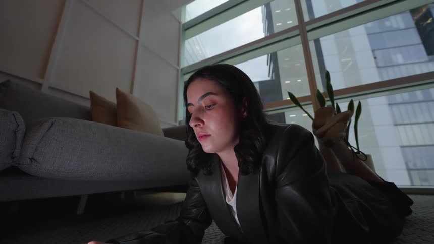 A young woman works on her laptop on the floor of a high-rise apartment, her face lit by the screen against the city backdrop