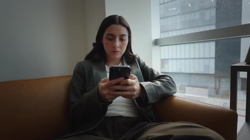 A young businesswoman in a suit sits on a leather couch in a modern office, intently using her smartphone by a large window with a city view