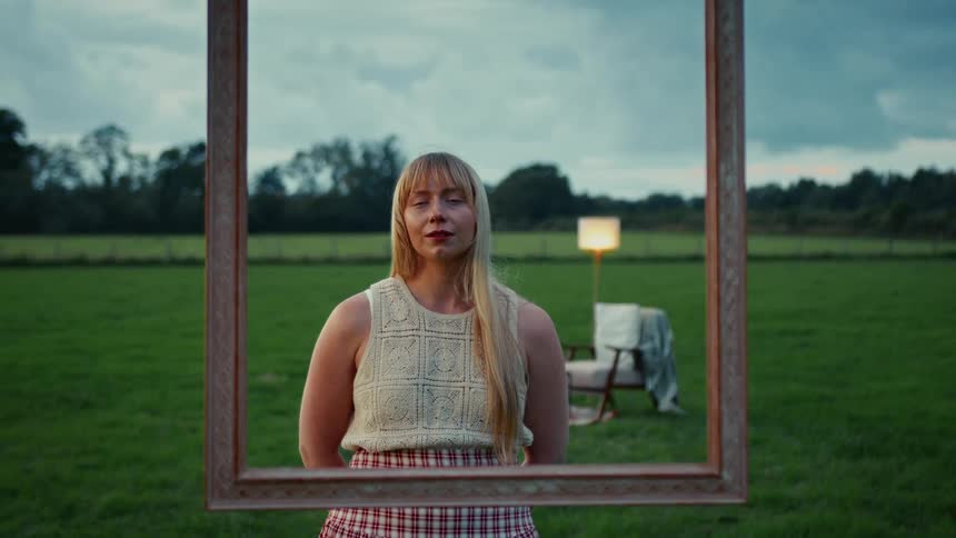 A serene blonde woman becomes a living portrait, framed by an empty picture frame in a surreal green field at dusk