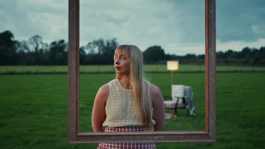 A serene blonde woman looks out from within an empty picture frame in a surreal green meadow at twilight