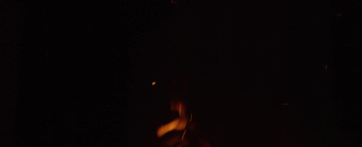A slow-motion close-up of flickering bonfire flames and rising sparks against a dark night background