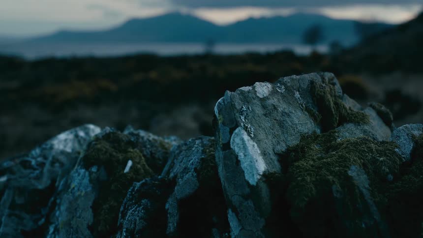 A moody, static shot of a mossy stone wall with a distant, out-of-focus mountain landscape