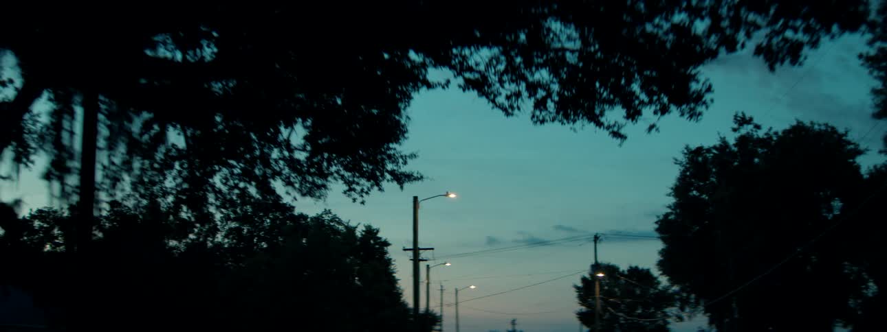 A slow zoom out reveals suburban streetlights and silhouetted trees against a moody twilight sky
