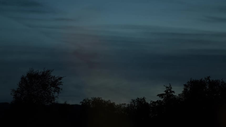 A silhouetted treeline stands against a dark, moody sky during twilight as faint clouds drift by